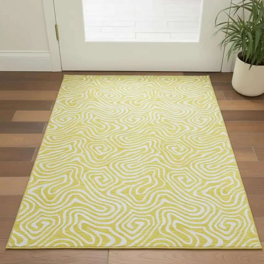 Yellow And Ivory Abstract Washable Area Rug With UV Protection Photo 2