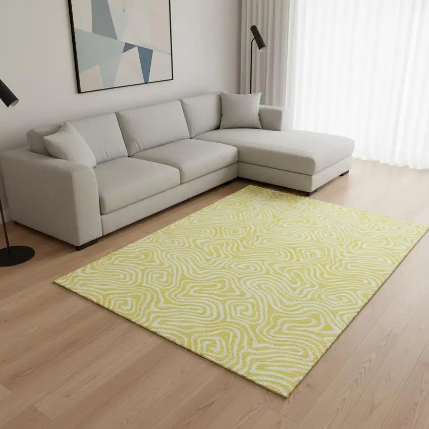 Yellow And Ivory Abstract Washable Area Rug With UV Protection Photo 2
