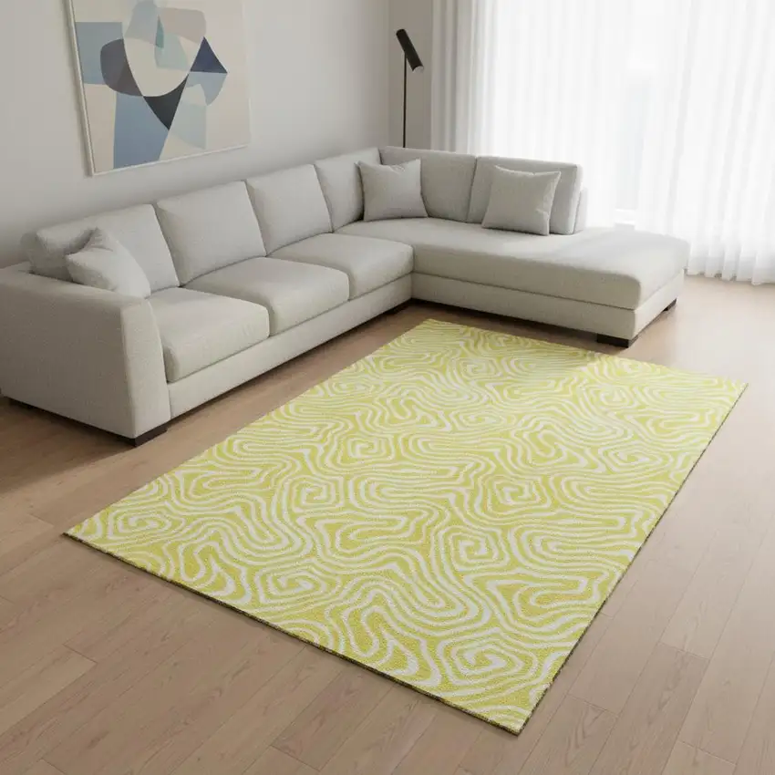 Yellow And Ivory Abstract Washable Area Rug With UV Protection Photo 2