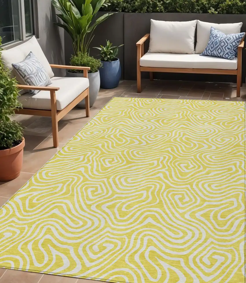 Yellow And Ivory Abstract Washable Indoor Outdoor Area Rug Photo 1