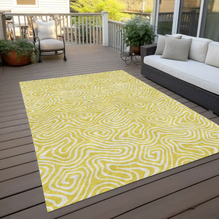 Yellow And Ivory Abstract Washable Indoor Outdoor Area Rug Photo 9