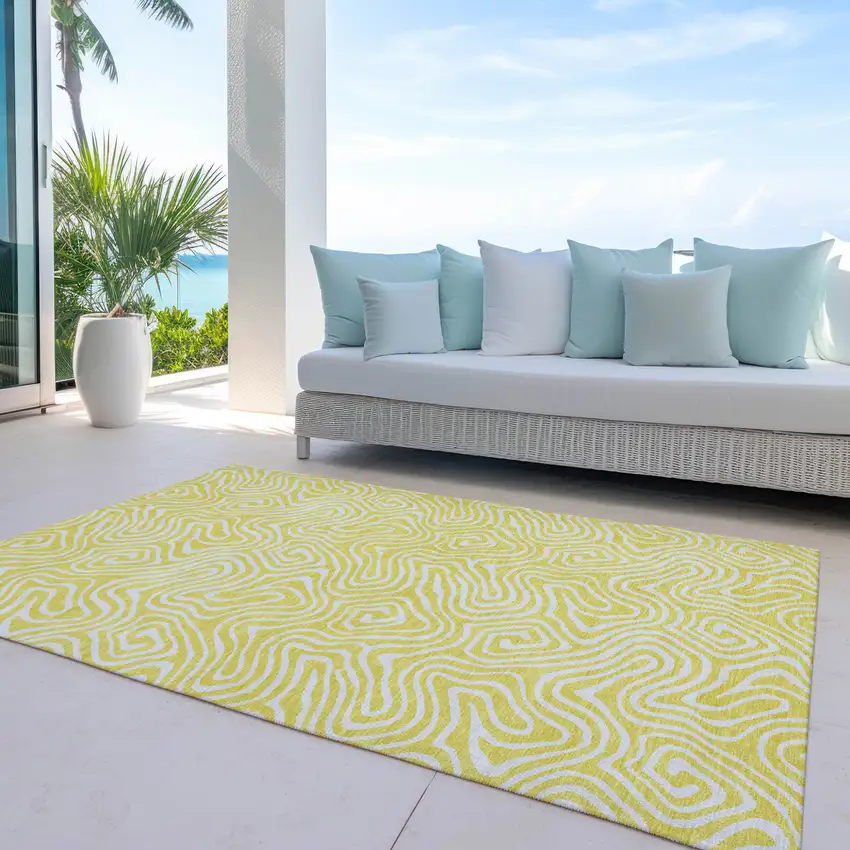 Yellow And Ivory Abstract Washable Indoor Outdoor Area Rug Photo 9