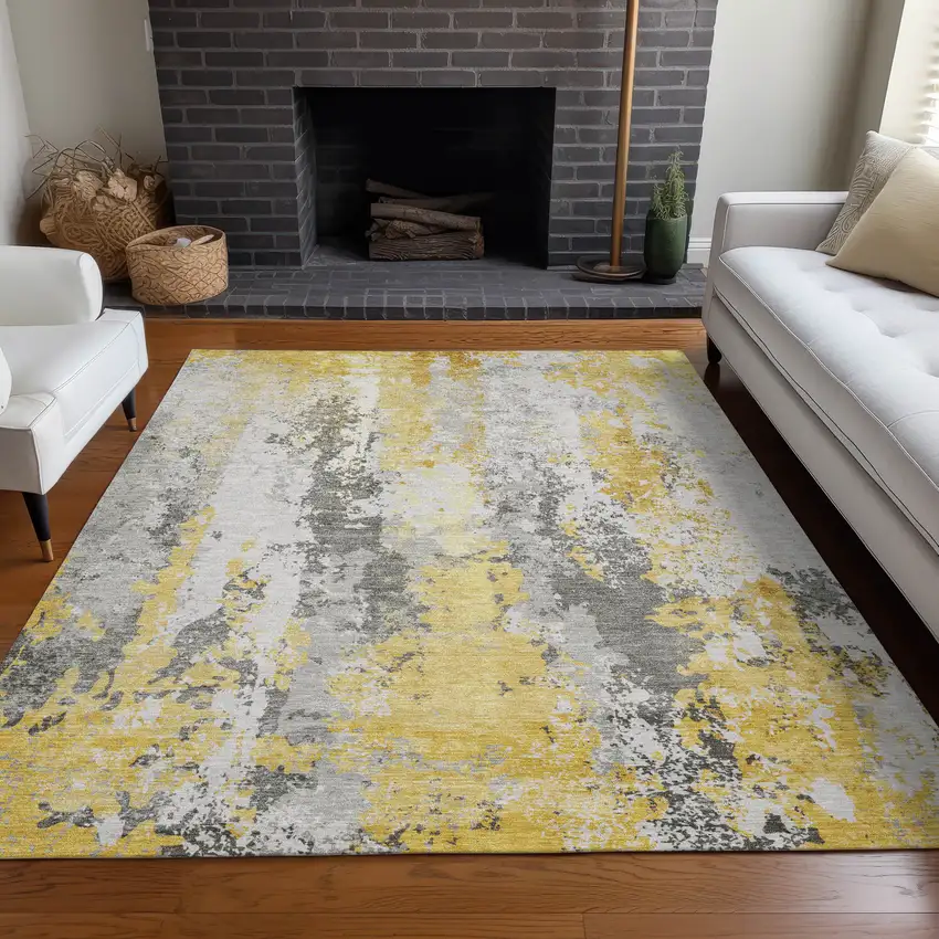 Yellow And Ivory Abstract Washable Indoor Outdoor Area Rug Photo 5