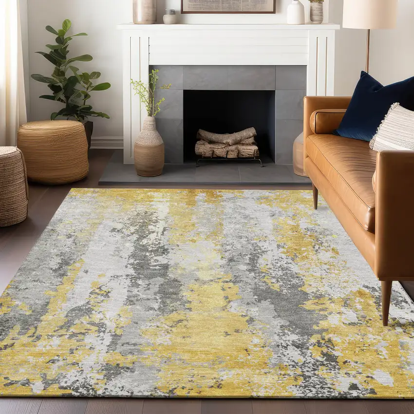 Yellow And Ivory Abstract Washable Indoor Outdoor Area Rug Photo 4