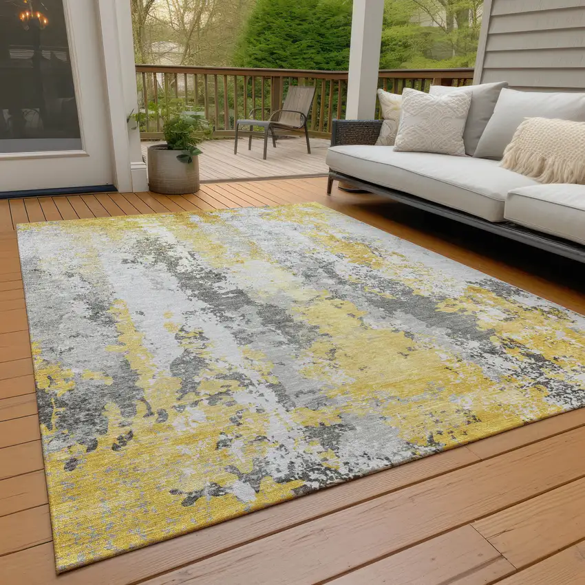 Yellow And Ivory Abstract Washable Indoor Outdoor Area Rug Photo 6