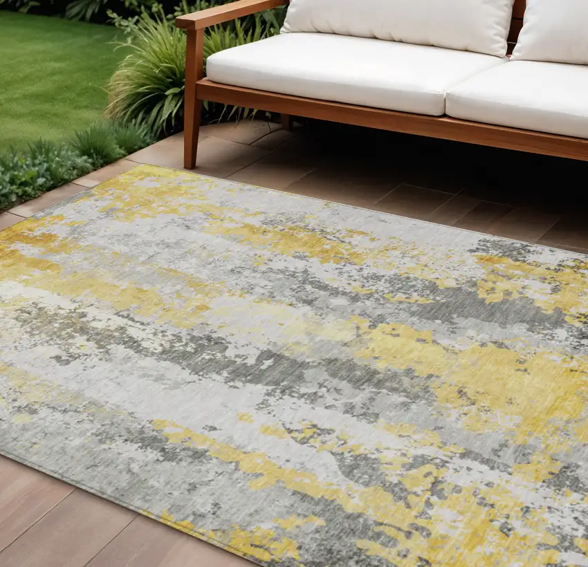 Yellow And Ivory Abstract Washable Indoor Outdoor Area Rug Photo 2