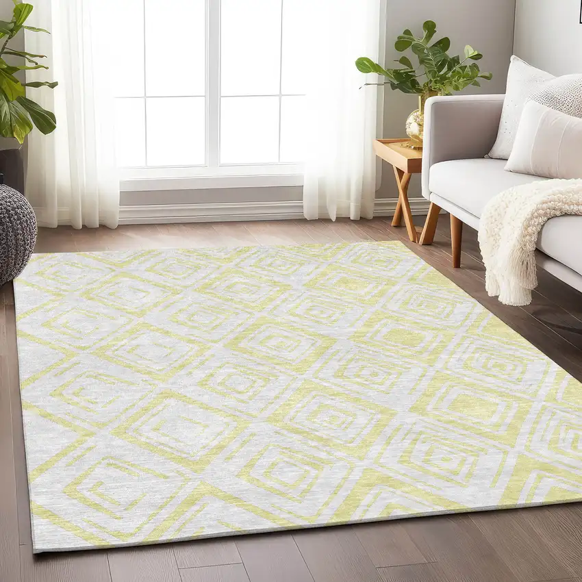 Yellow And Ivory Diamond Washable Area Rug With UV Protection Photo 5