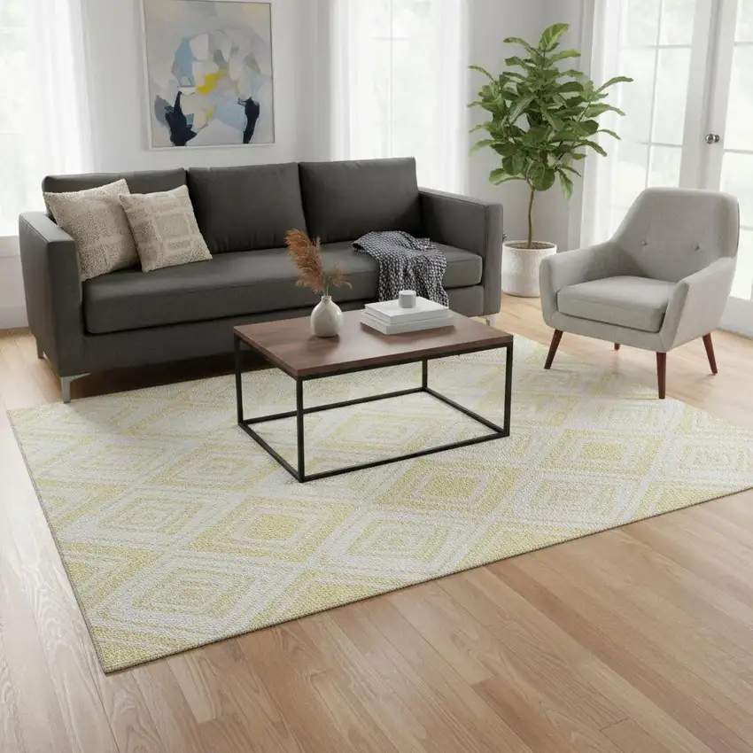 Yellow And Ivory Diamond Washable Area Rug With UV Protection Photo 2
