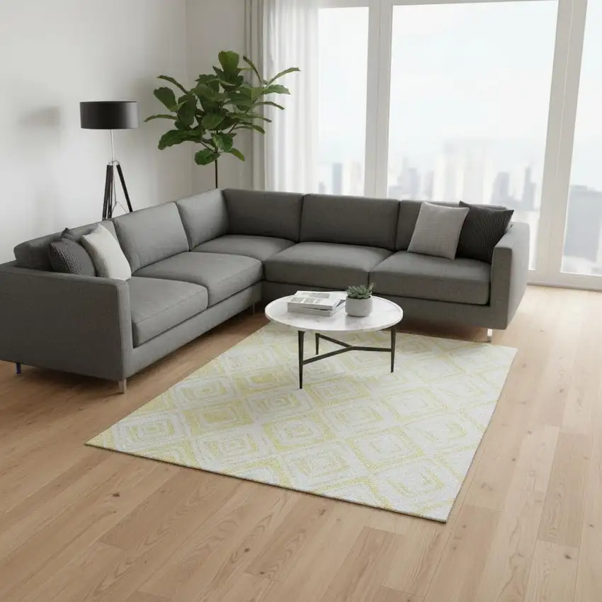 Yellow And Ivory Diamond Washable Area Rug With UV Protection Photo 2