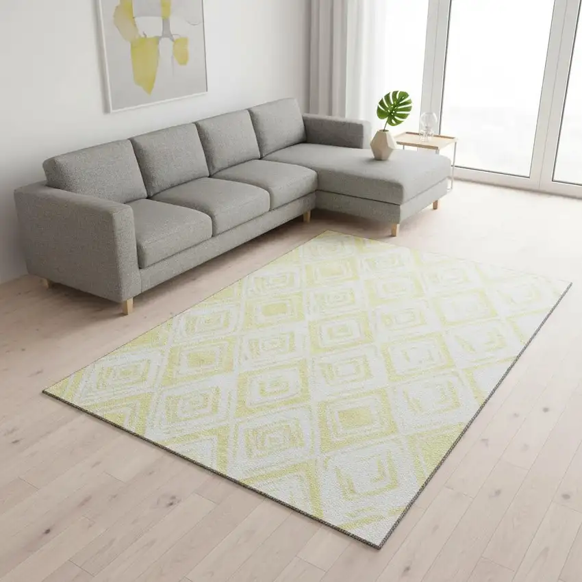 Yellow And Ivory Diamond Washable Area Rug With UV Protection Photo 2