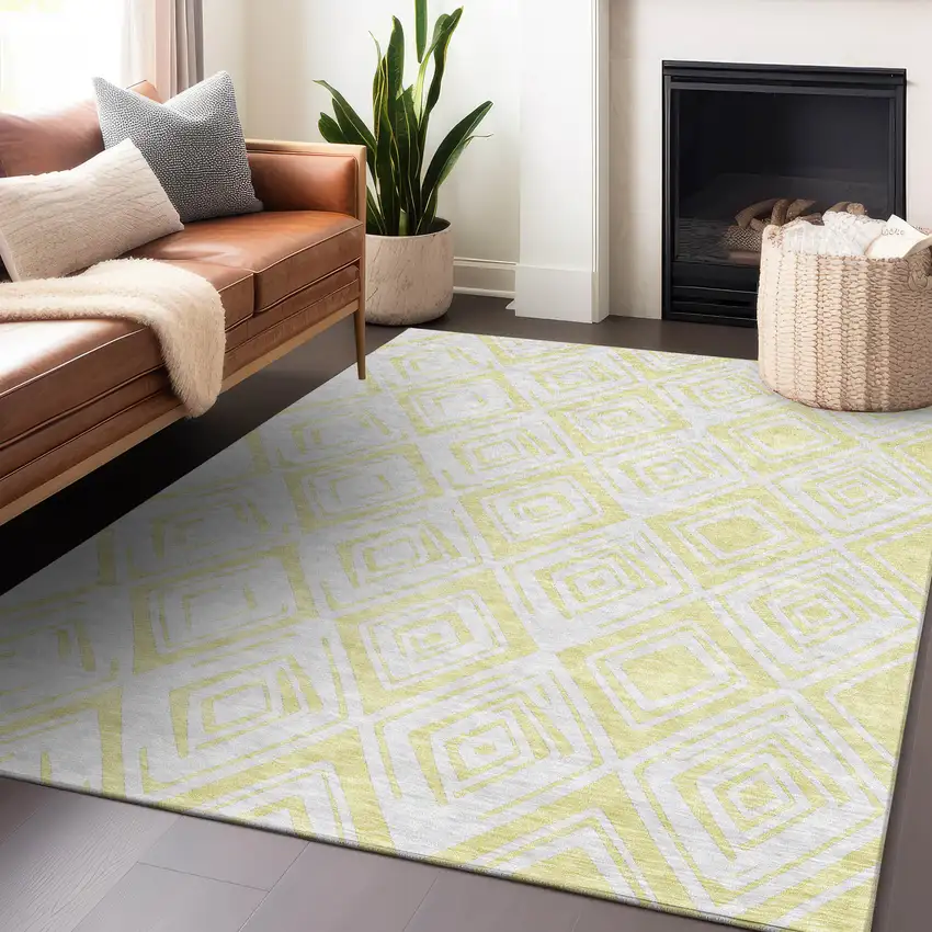 Yellow And Ivory Diamond Washable Area Rug With UV Protection Photo 6