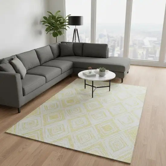 Yellow And Ivory Diamond Washable Area Rug With UV Protection Photo 2