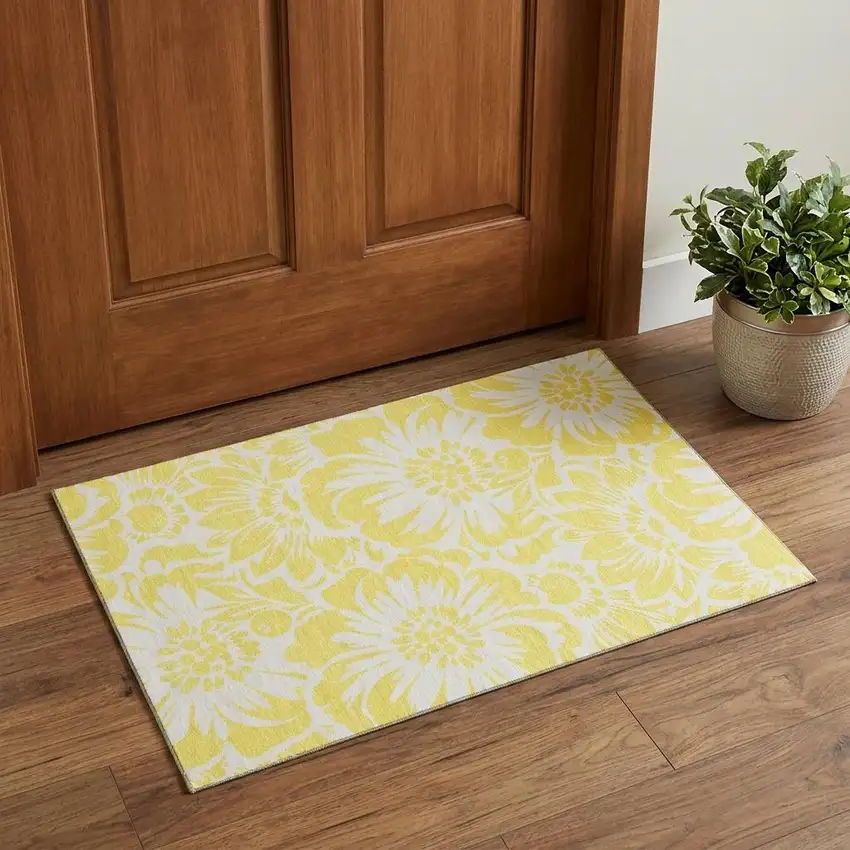 Yellow And Ivory Floral Washable Area Rug With UV Protection Photo 1