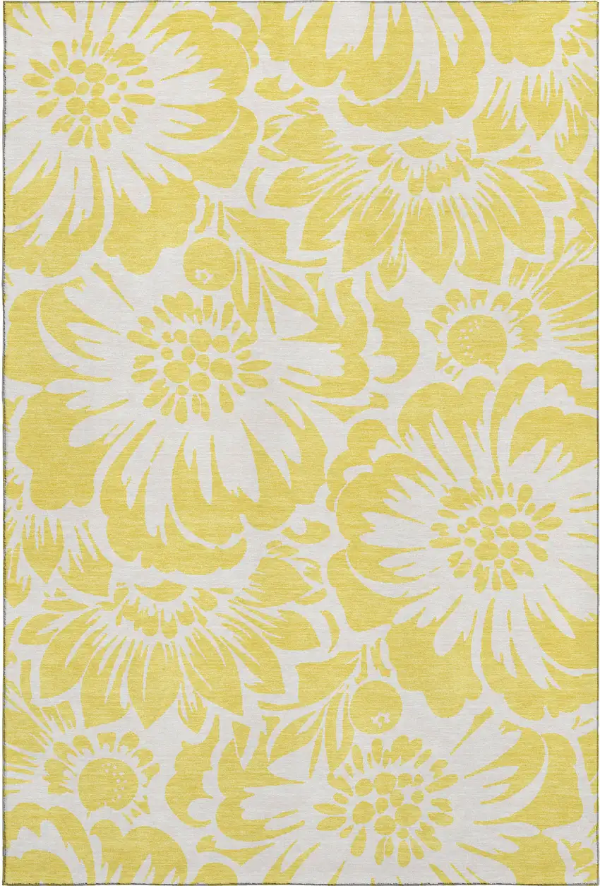 Yellow And Ivory Floral Washable Area Rug With UV Protection Photo 1