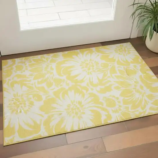 Yellow And Ivory Floral Washable Area Rug With UV Protection Photo 1