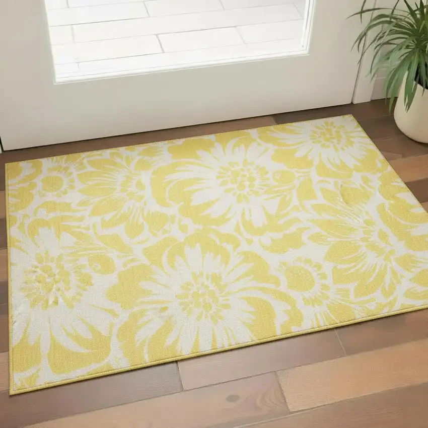 Yellow And Ivory Floral Washable Area Rug With UV Protection Photo 1