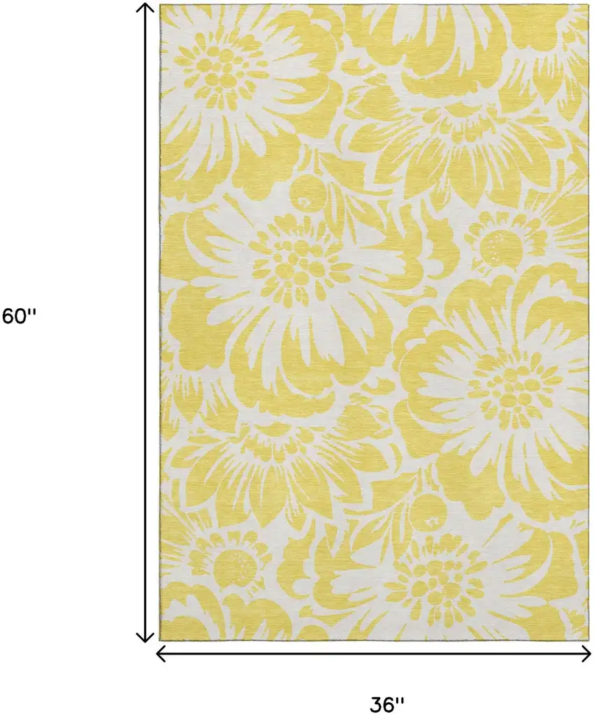 Yellow And Ivory Floral Washable Area Rug With UV Protection Photo 9