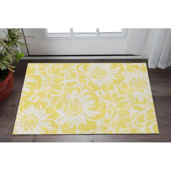 Yellow And Ivory Floral Washable Area Rug With UV Protection Photo 2