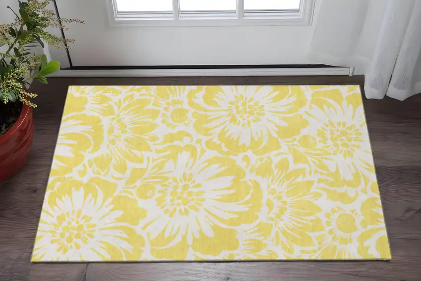 Yellow And Ivory Floral Washable Area Rug With UV Protection Photo 2