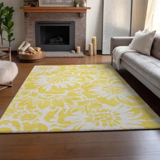 Yellow And Ivory Floral Washable Area Rug With UV Protection Photo 6