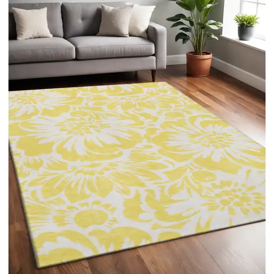 Yellow And Ivory Floral Washable Area Rug With UV Protection Photo 2