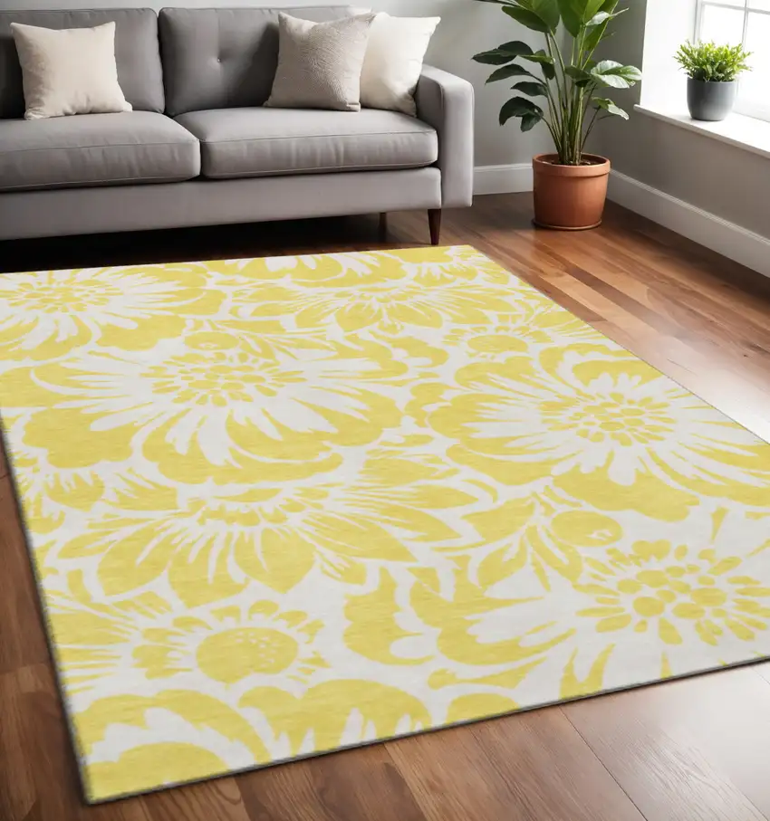 Yellow And Ivory Floral Washable Area Rug With UV Protection Photo 2