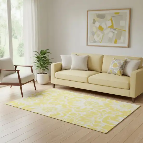 Yellow And Ivory Floral Washable Area Rug With UV Protection Photo 1