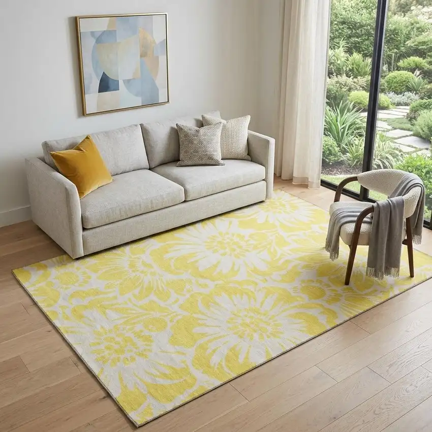 Yellow And Ivory Floral Washable Area Rug With UV Protection Photo 1