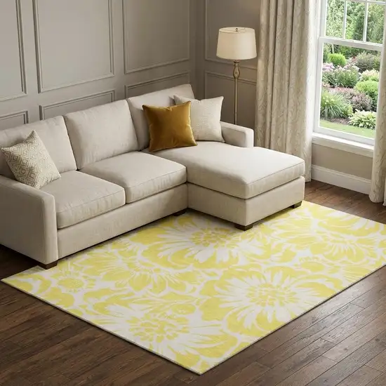 Yellow And Ivory Floral Washable Area Rug With UV Protection Photo 1