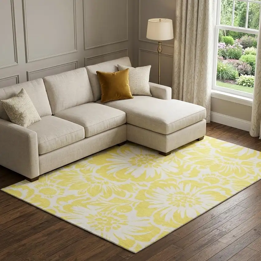 Yellow And Ivory Floral Washable Area Rug With UV Protection Photo 1