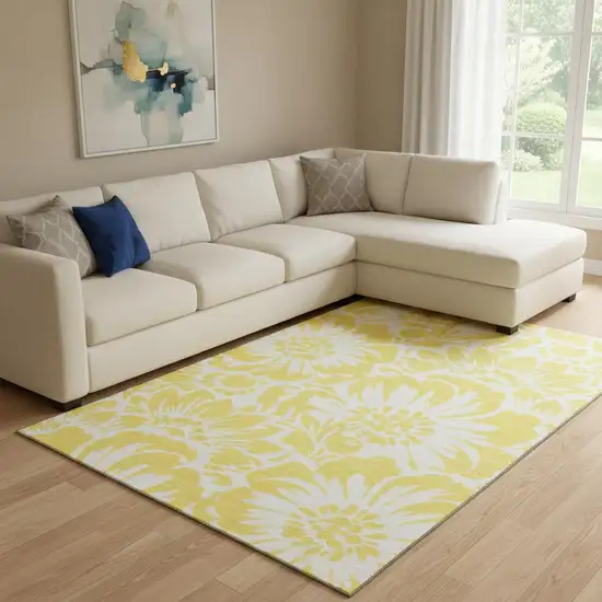 Yellow And Ivory Floral Washable Area Rug With UV Protection Photo 1