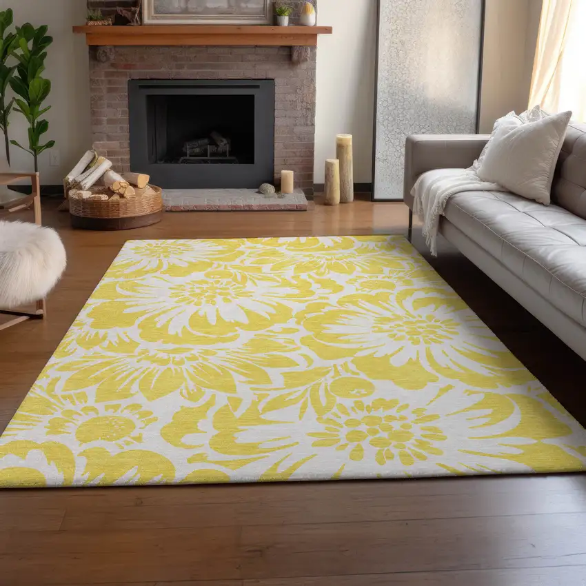 Yellow And Ivory Floral Washable Area Rug With UV Protection Photo 6