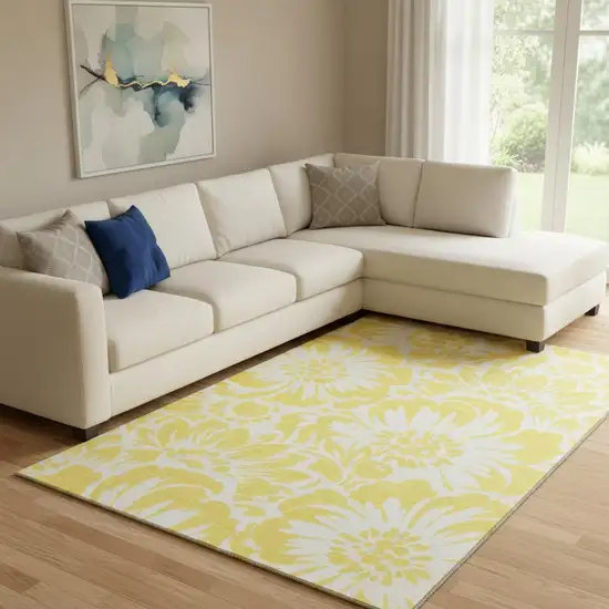 Yellow And Ivory Floral Washable Area Rug With UV Protection Photo 1