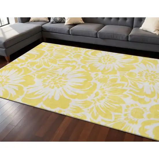 Yellow And Ivory Floral Washable Area Rug With UV Protection Photo 2