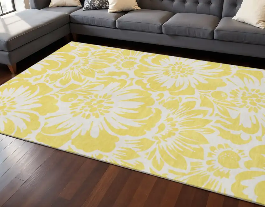Yellow And Ivory Floral Washable Area Rug With UV Protection Photo 2