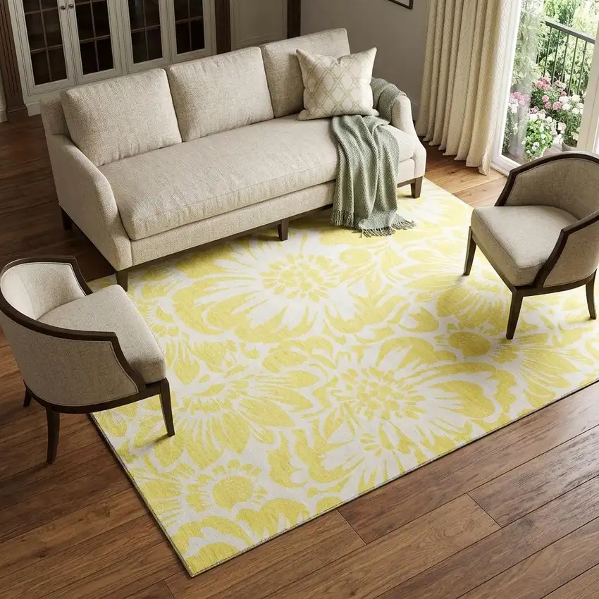 Yellow And Ivory Floral Washable Area Rug With UV Protection Photo 1