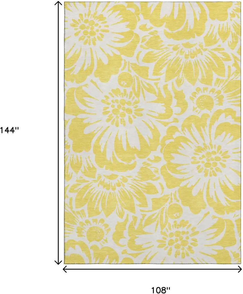 Yellow And Ivory Floral Washable Area Rug With UV Protection Photo 3