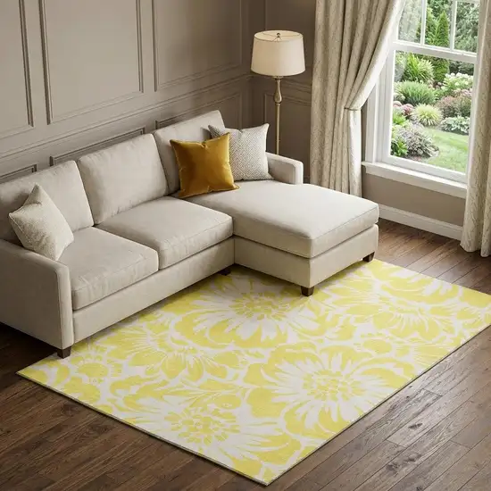 Yellow And Ivory Floral Washable Area Rug With UV Protection Photo 1
