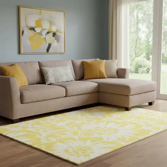 Yellow And Ivory Floral Washable Area Rug With UV Protection Photo 1