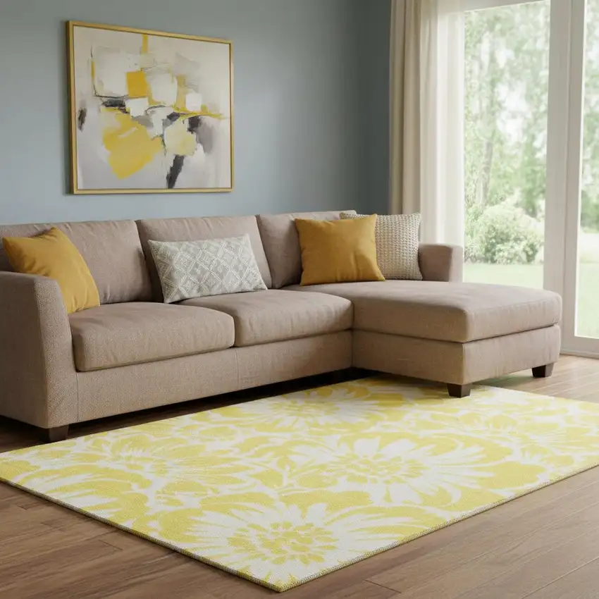 Yellow And Ivory Floral Washable Area Rug With UV Protection Photo 1