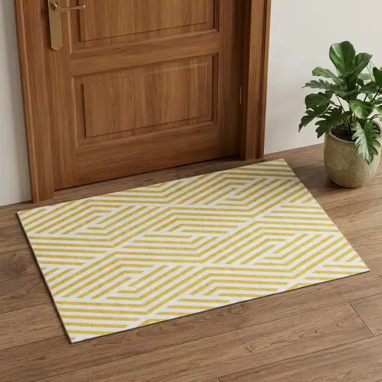 Yellow And Ivory Geometric Washable Area Rug With UV Protection Photo 1