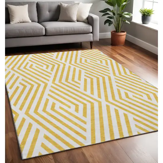 Yellow And Ivory Geometric Washable Area Rug With UV Protection Photo 2