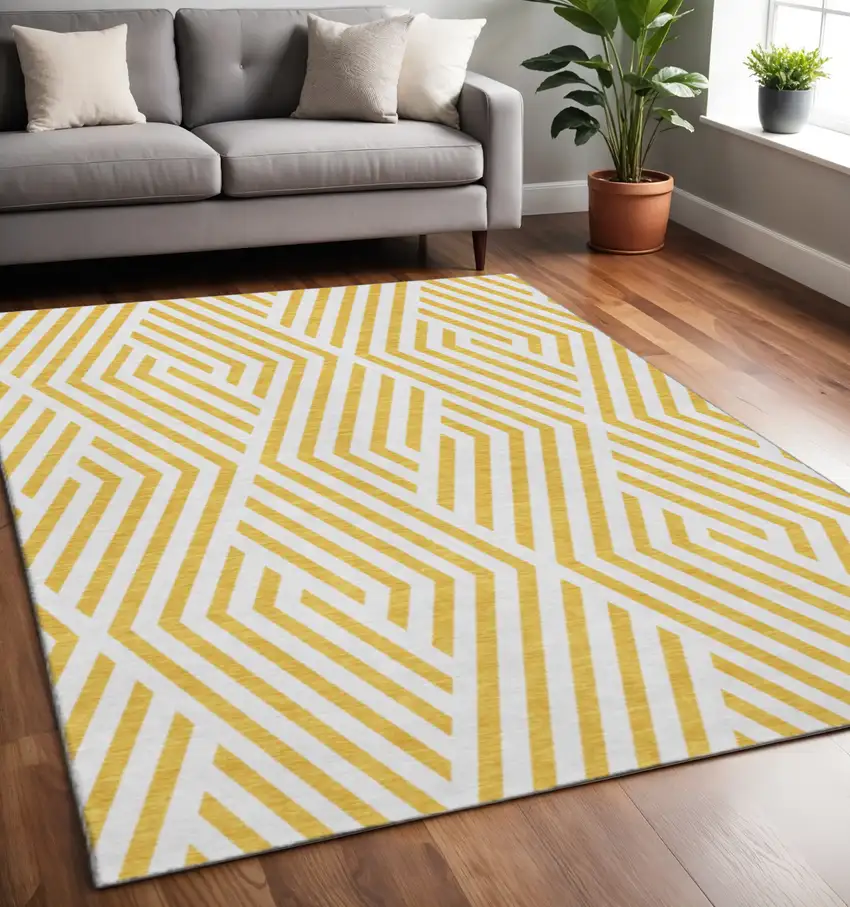 Yellow And Ivory Geometric Washable Area Rug With UV Protection Photo 2