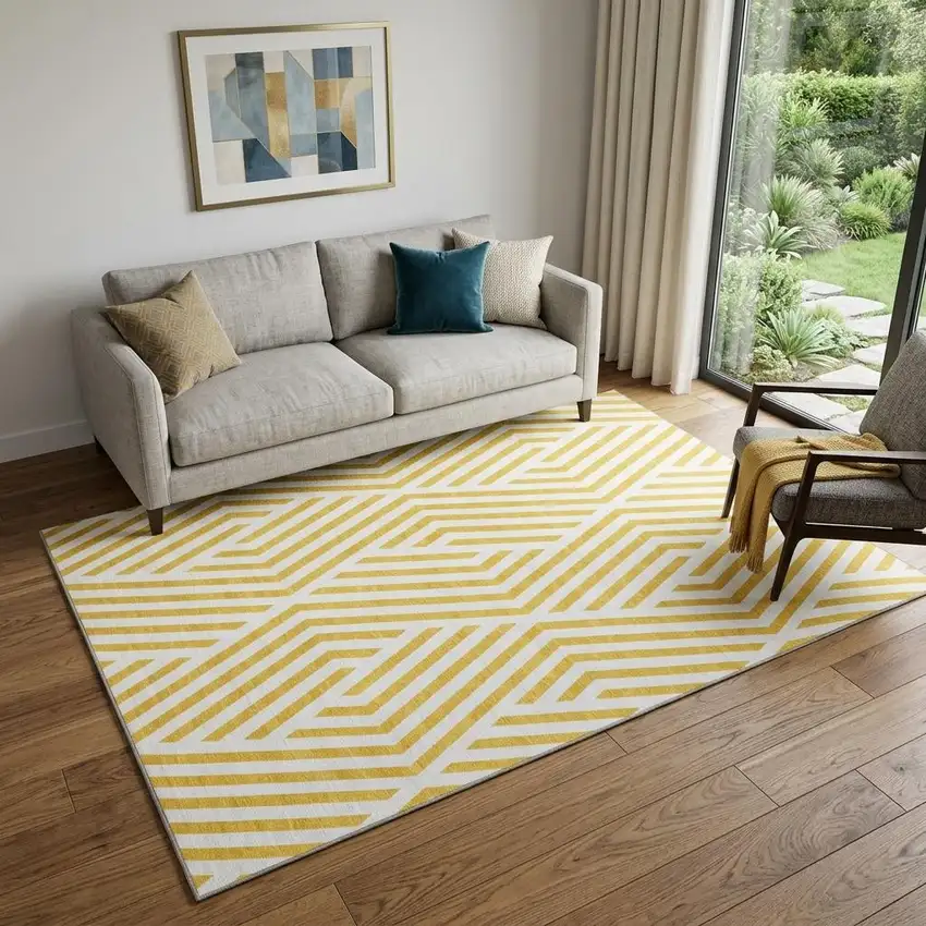 Yellow And Ivory Geometric Washable Area Rug With UV Protection Photo 1
