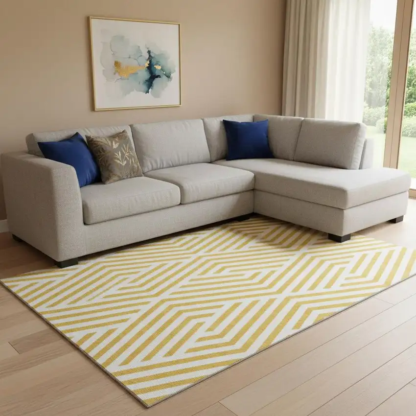 Yellow And Ivory Geometric Washable Area Rug With UV Protection Photo 1