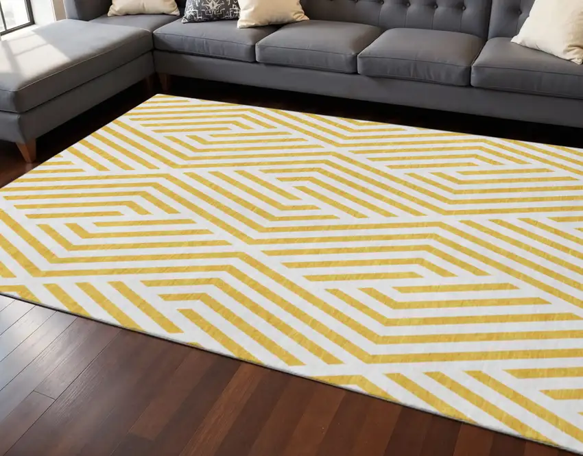Yellow And Ivory Geometric Washable Area Rug With UV Protection Photo 2