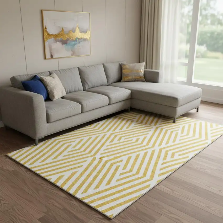 Yellow And Ivory Geometric Washable Area Rug With UV Protection Photo 1