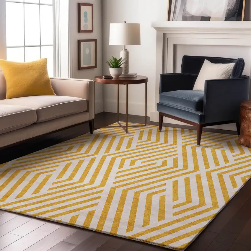 Yellow And Ivory Geometric Washable Area Rug With UV Protection Photo 6