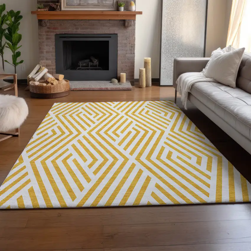 Yellow And Ivory Geometric Washable Area Rug With UV Protection Photo 7