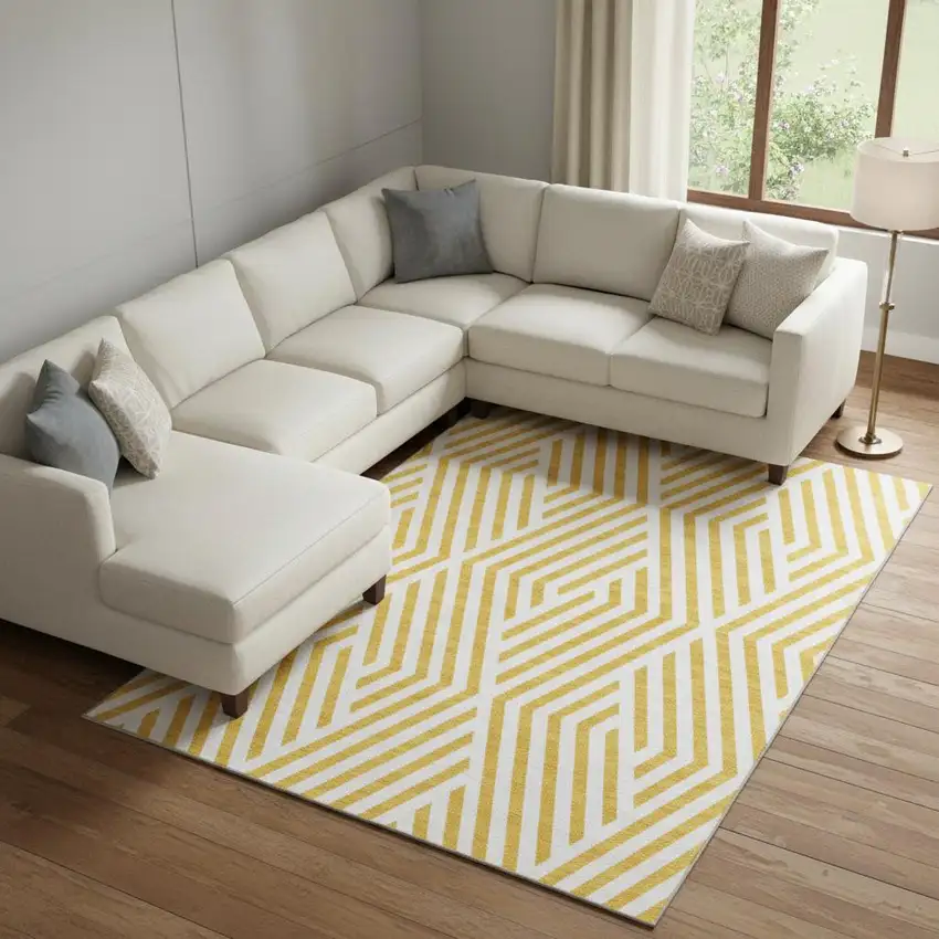 Yellow And Ivory Geometric Washable Area Rug With UV Protection Photo 1